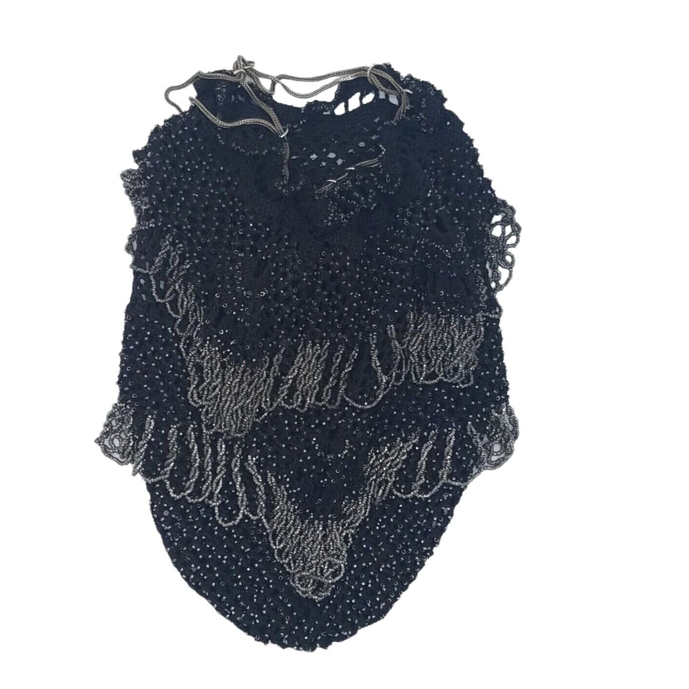 Vintage Black Drawstring Pouch Bag Purse With Loop Beads  Bling